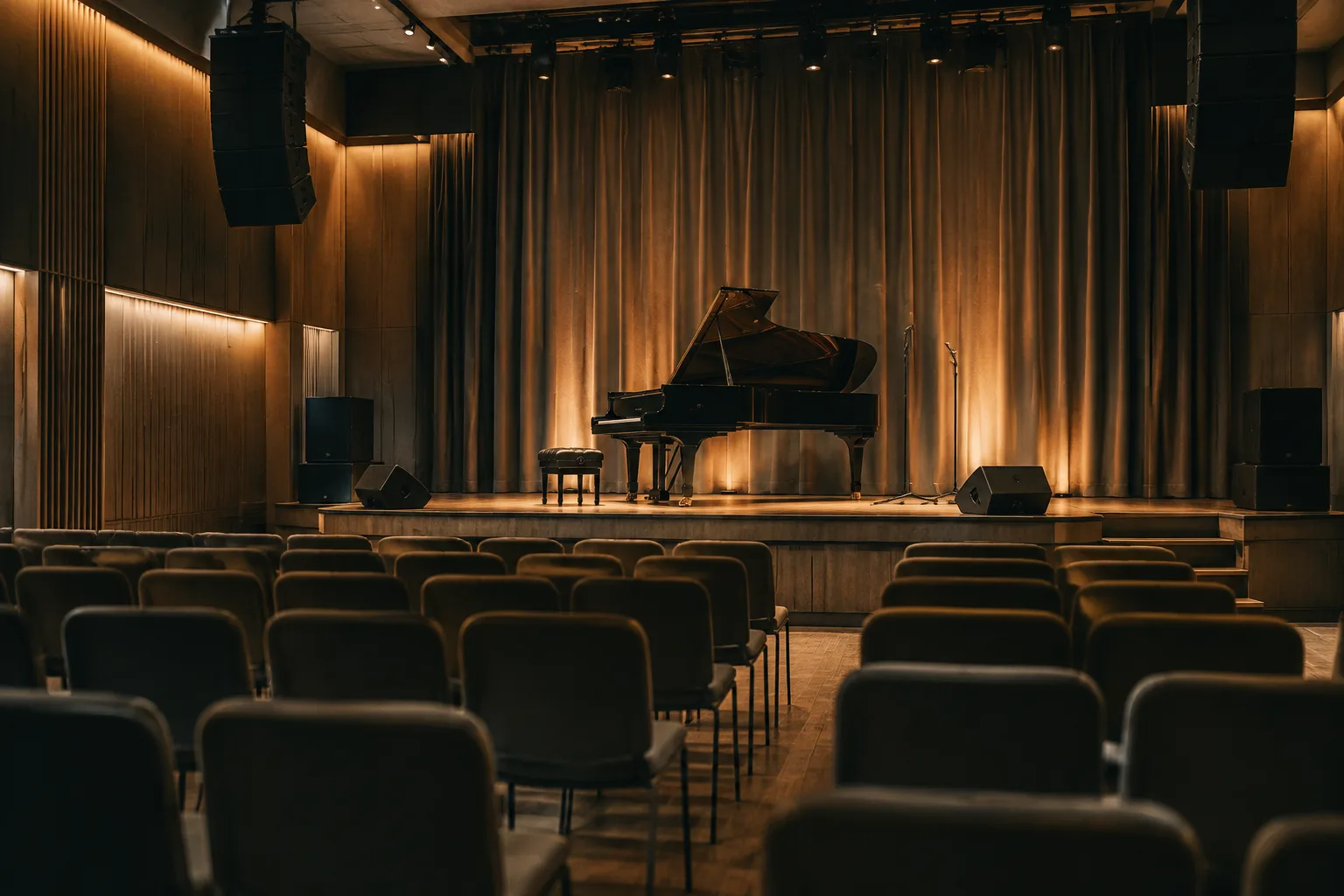 A grand piano, microphone and empty audience chairs suggest the intimate concert setting of Apple Music Hall.