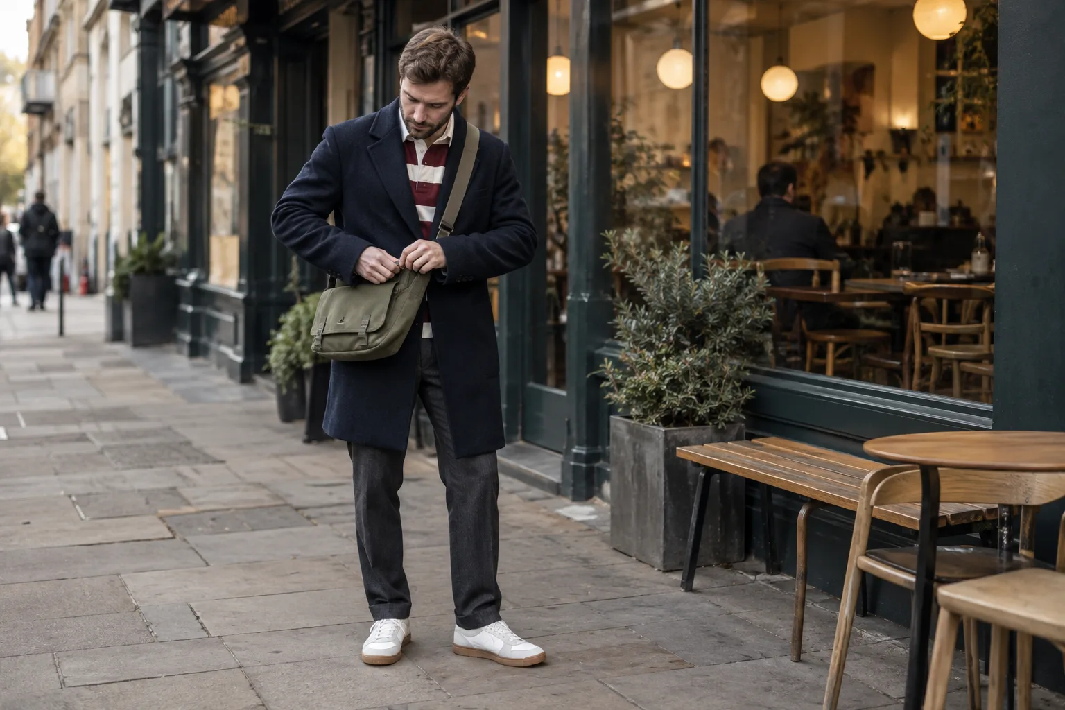 Man wearing autumn/winter 2026 menswear trends: a striped rugby shirt, navy coat and soft messenger bag