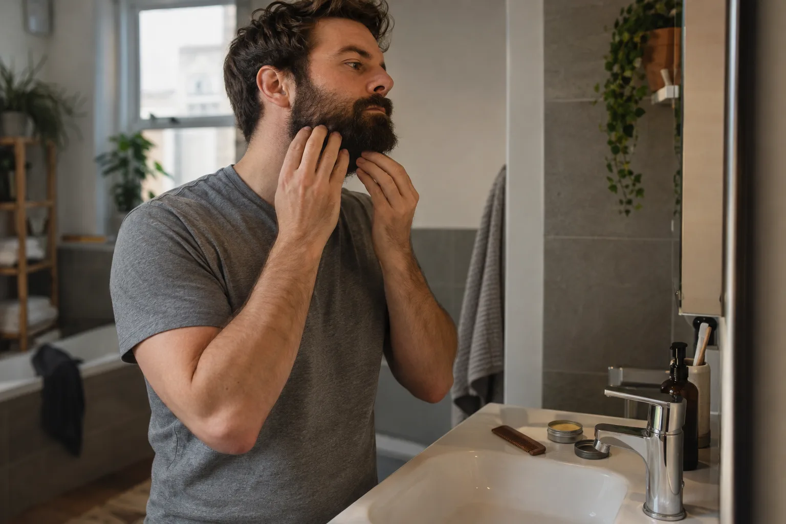 Man working beard balm through his dark beard at a bathroom basin, with an open tin and comb beside him