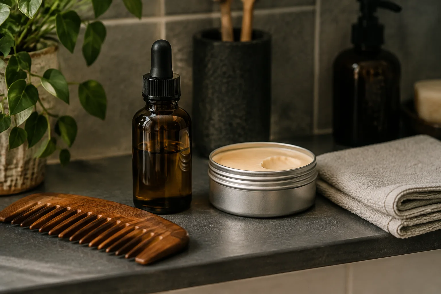 Beard oil vs beard butter on a bathroom shelf, with an amber dropper bottle, open tin, comb and folded flannel.