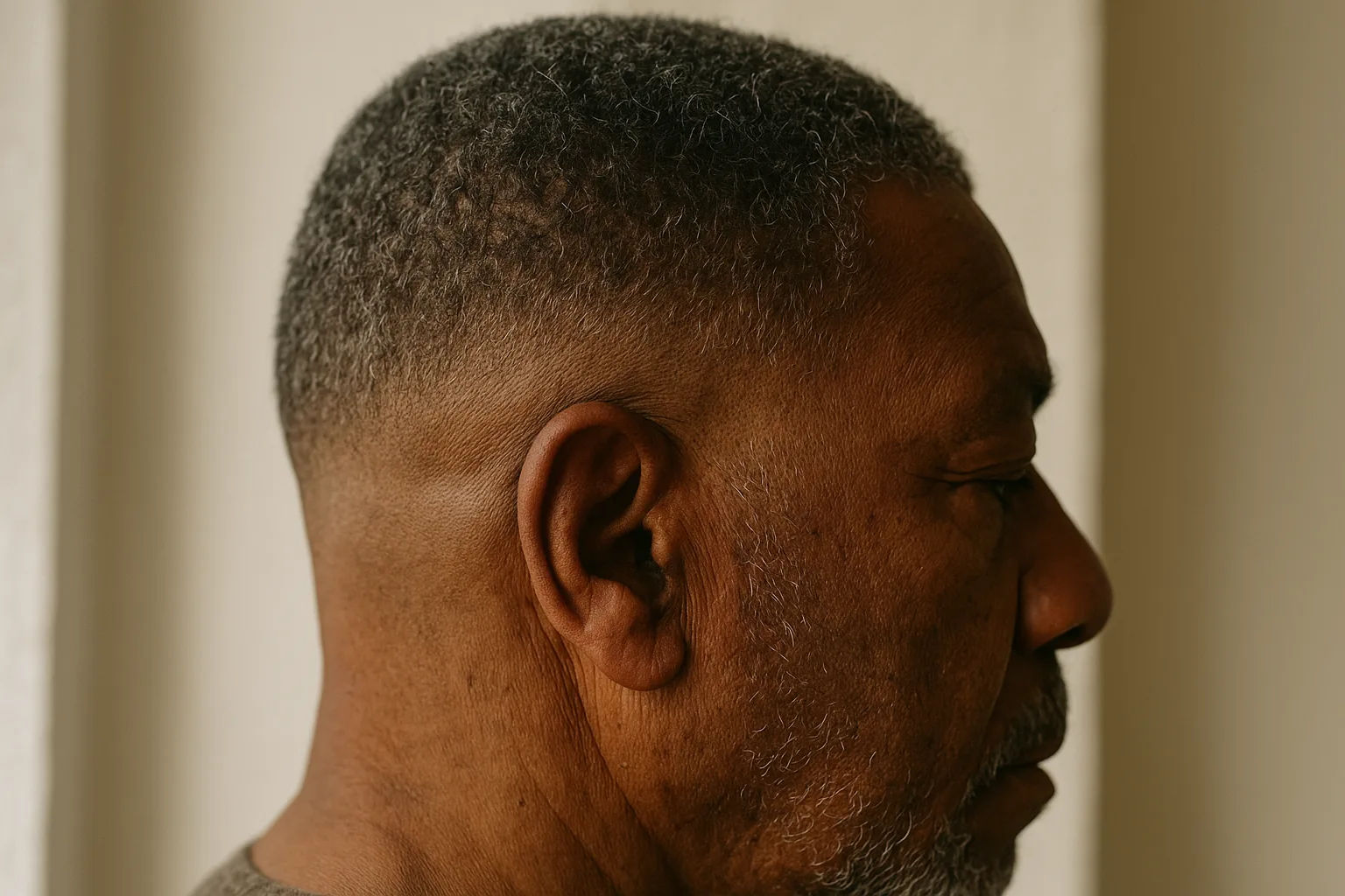 Macro detail of a fresh longer buzz (grade 3–4 on top) meeting a close fade down to skin at the temple and nape, showing crisp edges and the way thick hair tapers cleanly.