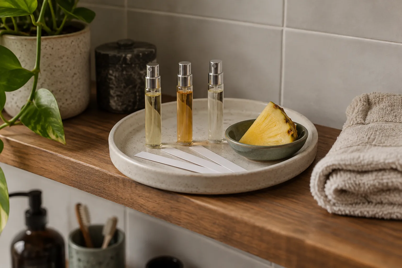 Three unlabelled pineapple colognes on a bathroom tray beside blank scent strips and a fresh pineapple wedge