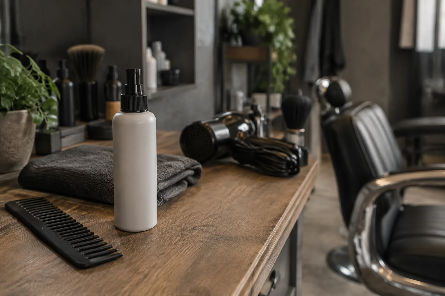 Unlabelled sea salt spray bottle beside a comb, folded towel and hairdryer on a UK barbershop counter