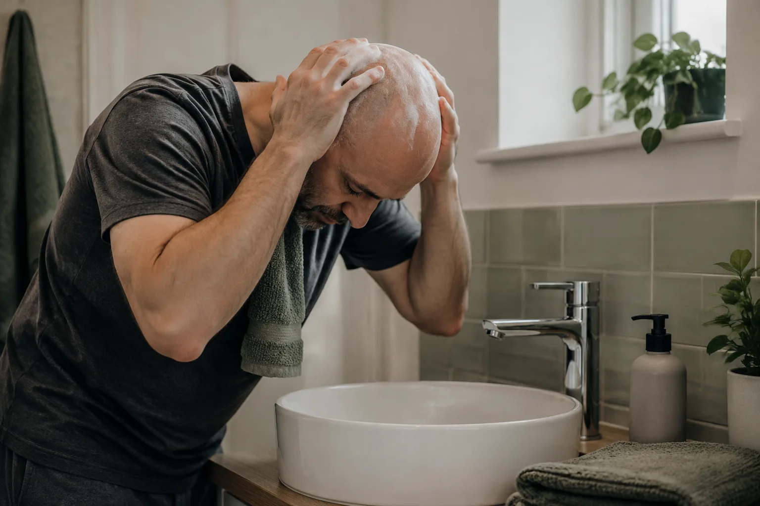 Man using shampoo for a bald head over a bathroom basin, with an unmarked cleanser pump and folded towel nearby
