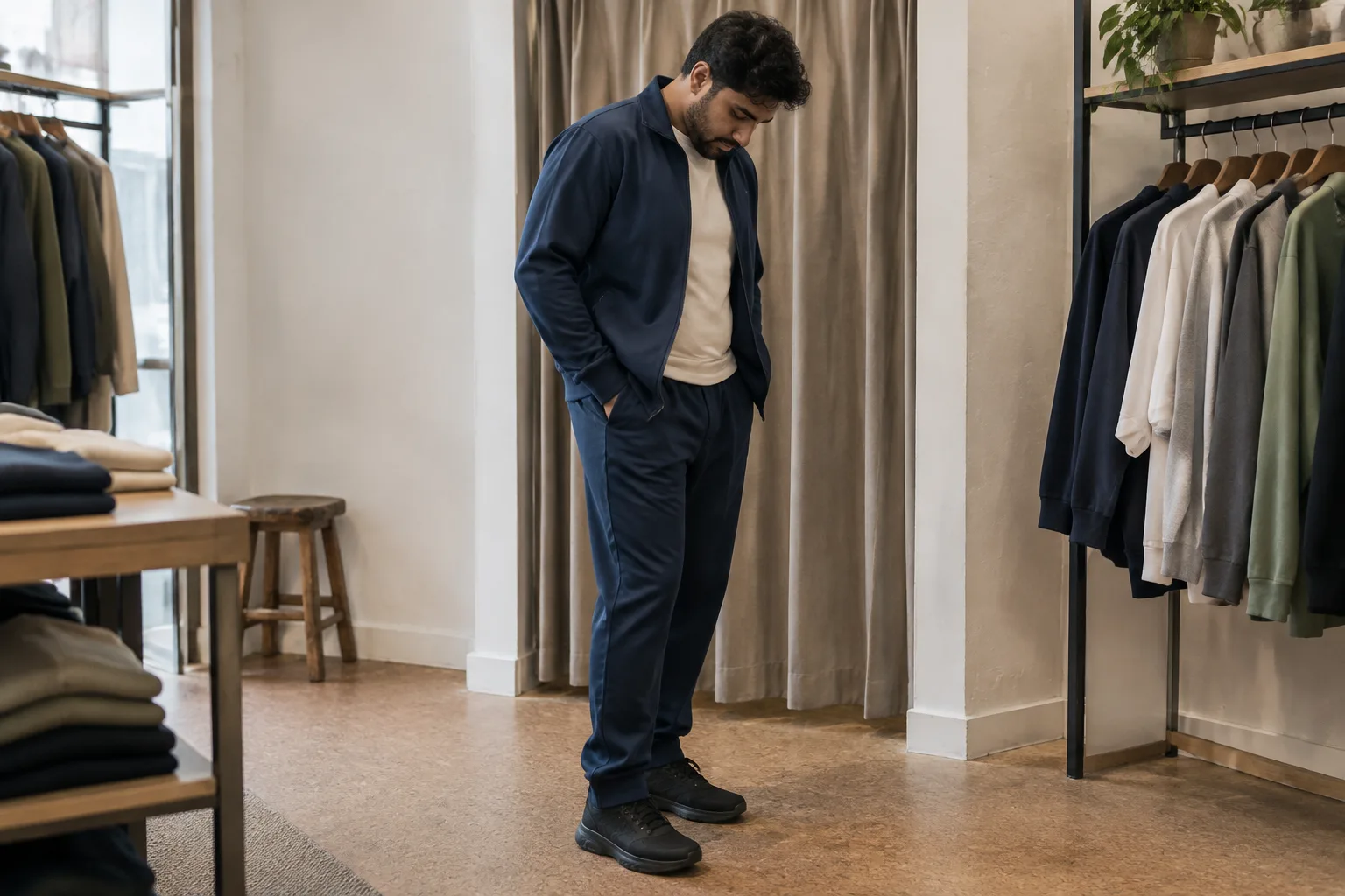 A man in an independent clothing shop checks the fall of plain navy polyester tracksuit trousers over dark trainers, making trouser shape rather than branding the focus.