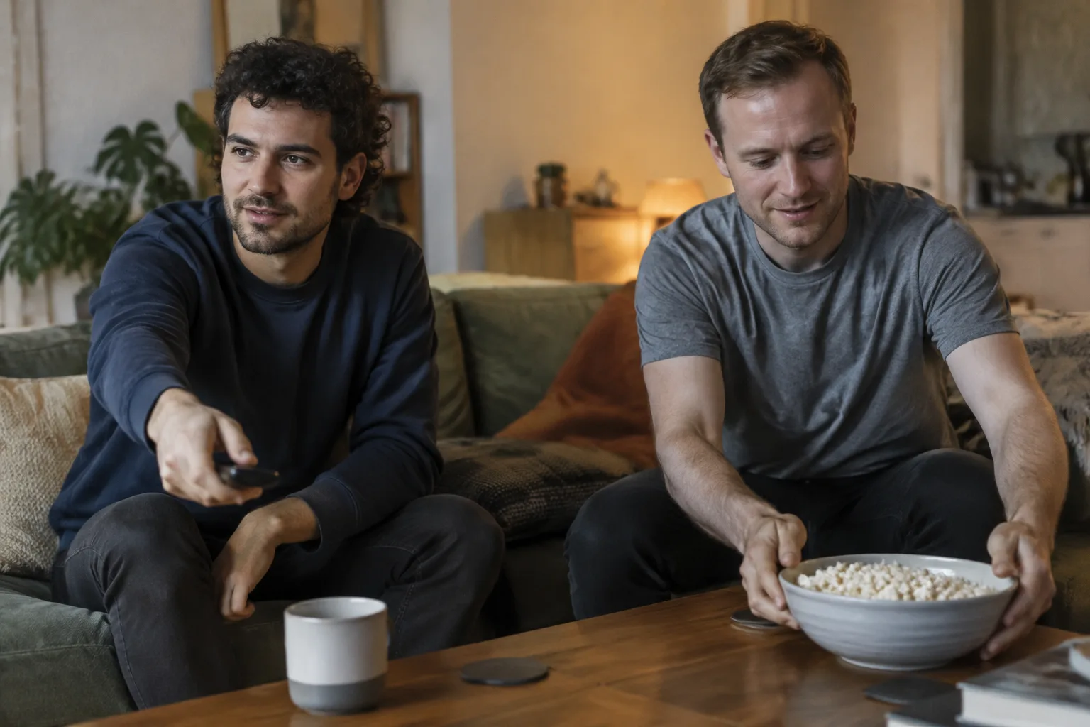 Two men settling in for a TV night in a Manchester flat, accompanying news of Netflix’s Blackmere