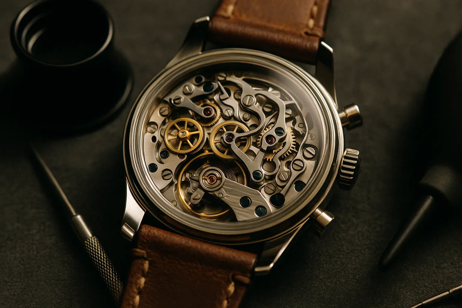 Extreme macro through the exhibition back isolates the column wheel and levers of a hand‑wound chronograph, with a watchmaker’s loupe and dust blower just out of focus at the frame edge.