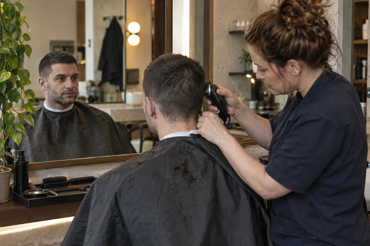 Barber finishing a dark-haired man’s buzz cut with guarded clippers in a Manchester neighbourhood barbershop