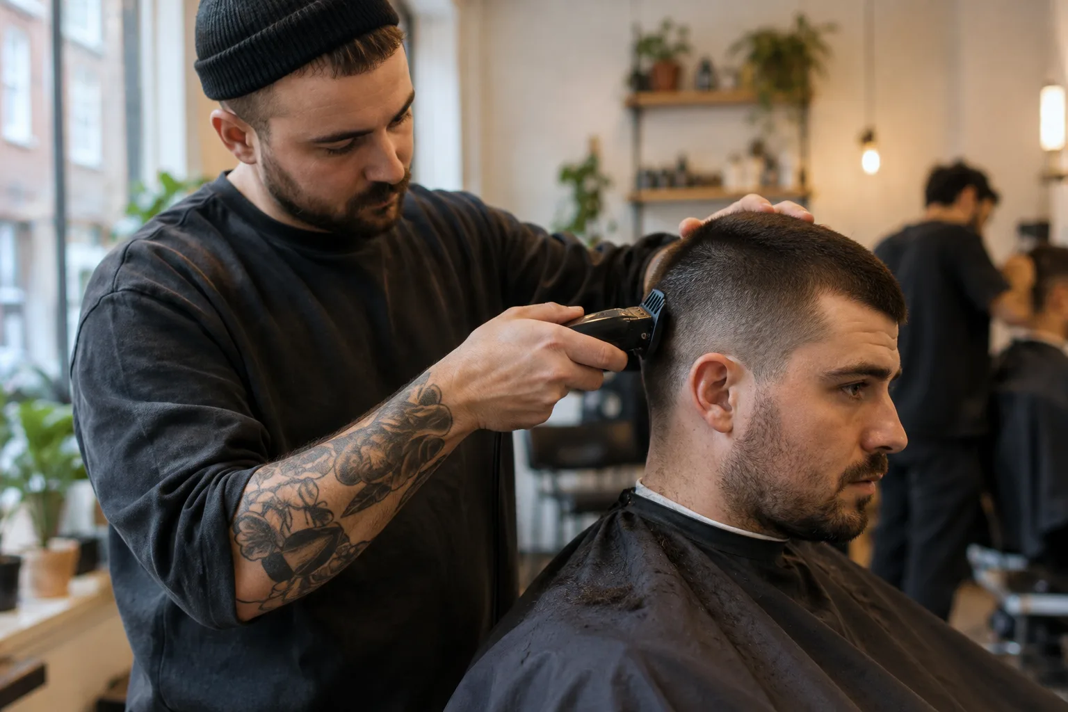 Barber finishing a dark-haired man’s buzz cut with guarded clippers in a Manchester neighbourhood barbershop