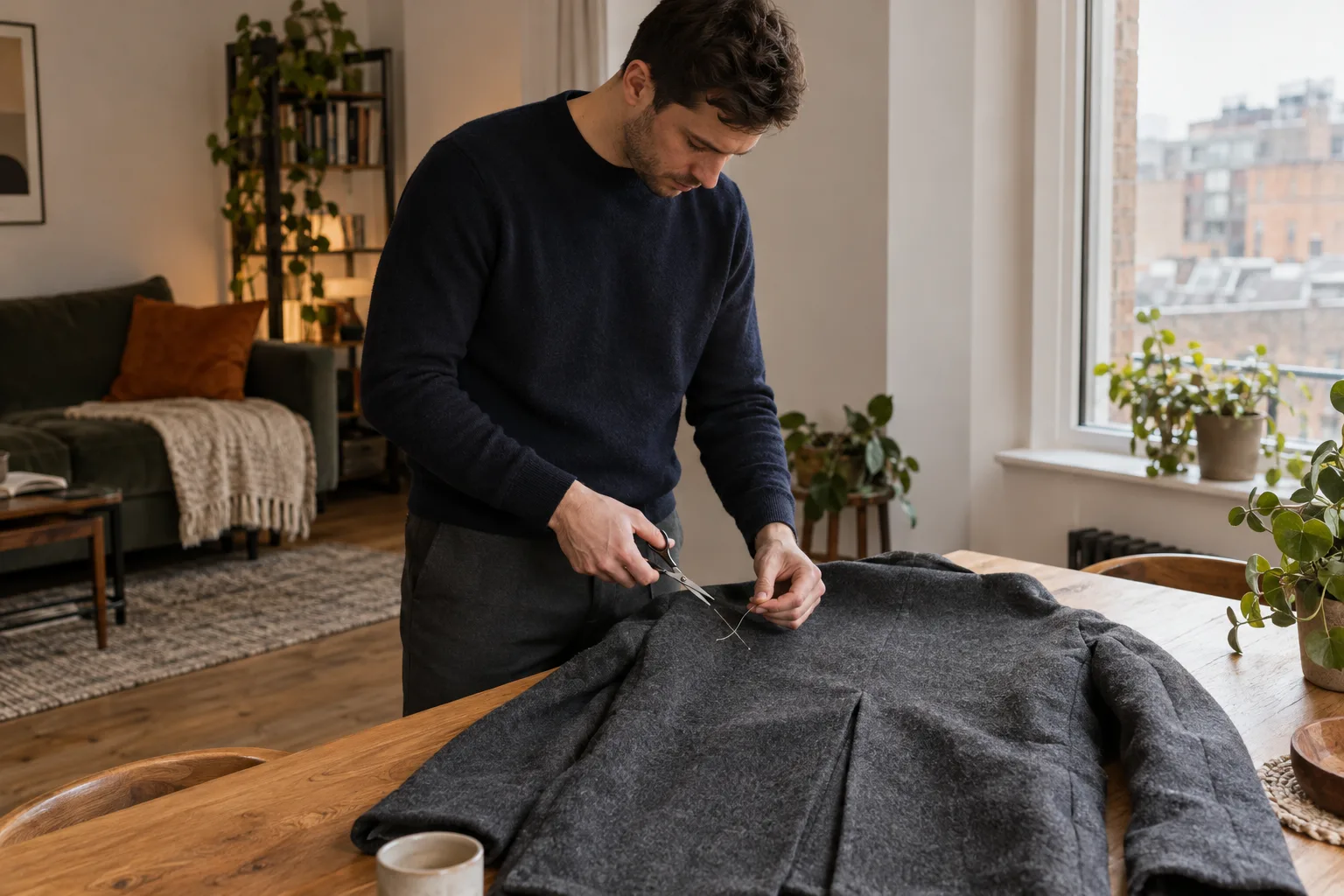 Man lifting a coat vent tacking stitch with small scissors ready beside a grey overcoat on a wooden table