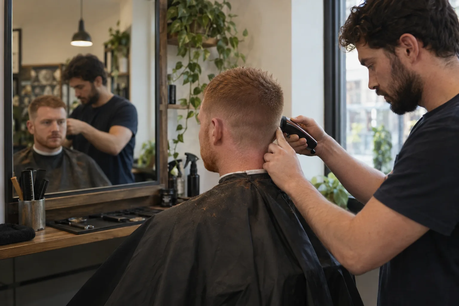 Barber finishing a ginger-haired man’s buzzcut around his ear in a neighbourhood Manchester barbershop