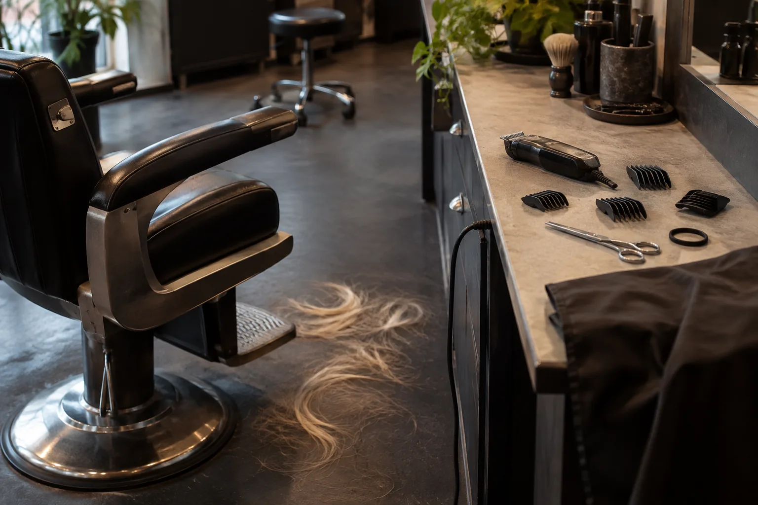 Clippers, guards and a hair tie at an empty barber station evoke the short Erling Haaland haircut.