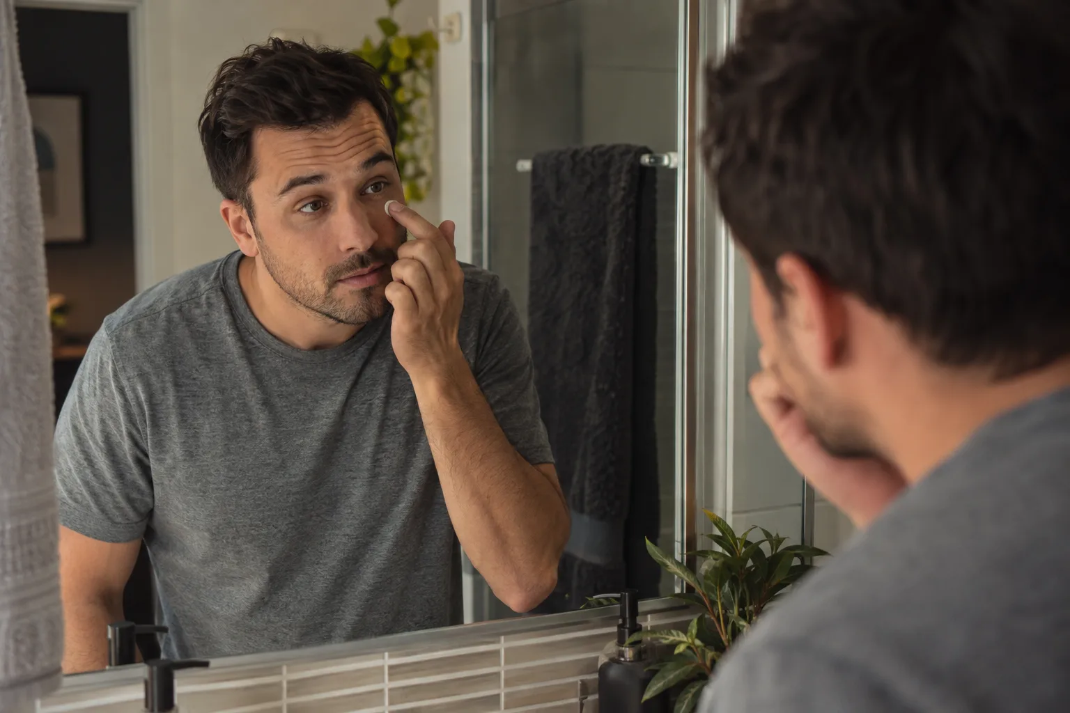 A man gently applies cream beneath one eye at a Manchester bathroom mirror, illustrating eye creams for men.