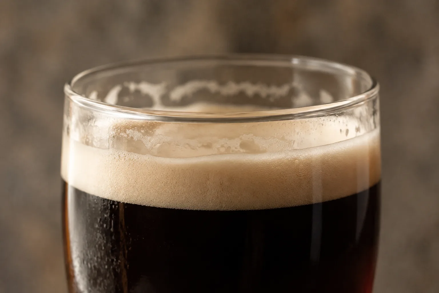 A single shallow sip has left a delicate foam line inside an otherwise nearly full glass of dark stout, making an ordinary mouthful the entire visual story.