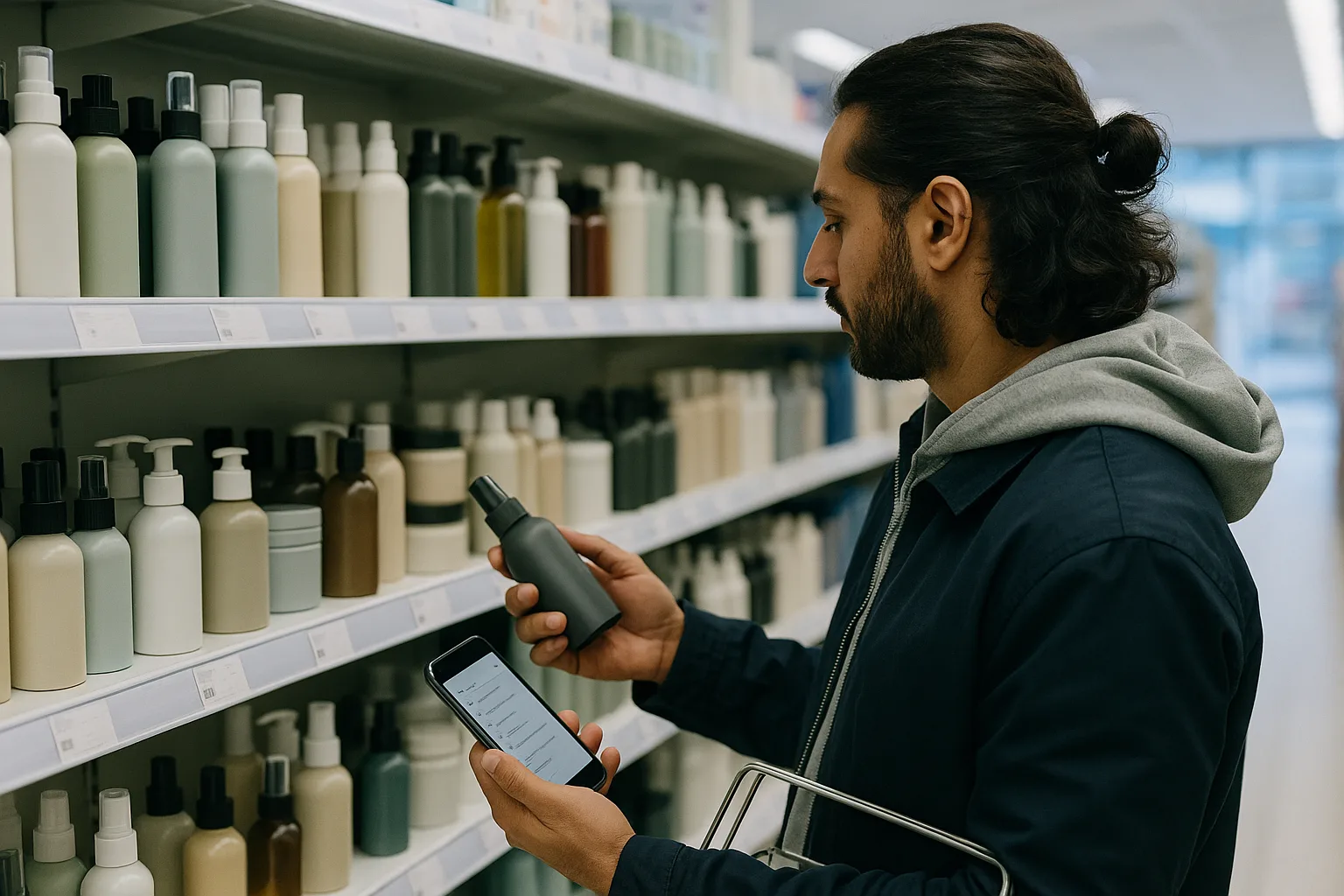 Over the shoulder of a man in a UK high‑street chemist, comparing unlabelled long‑hair products on a busy aisle while glancing at a softly out‑of‑focus phone screen with a checklist layout.