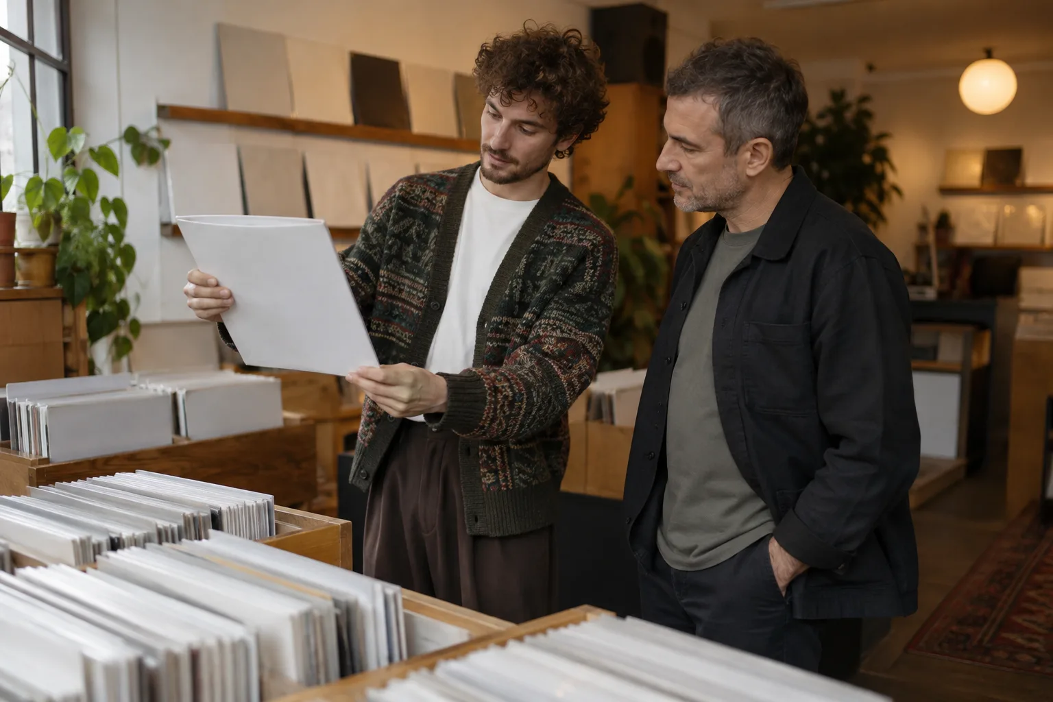 Men browsing records in a Manchester shop, one wearing Harry Styles-inspired knitwear and wide-leg trousers