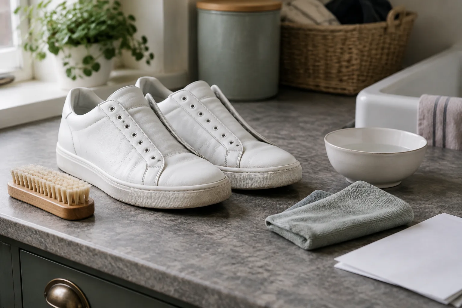 White leather shoes, removed laces and a soft brush set out on a worktop to show how to clean white trainers