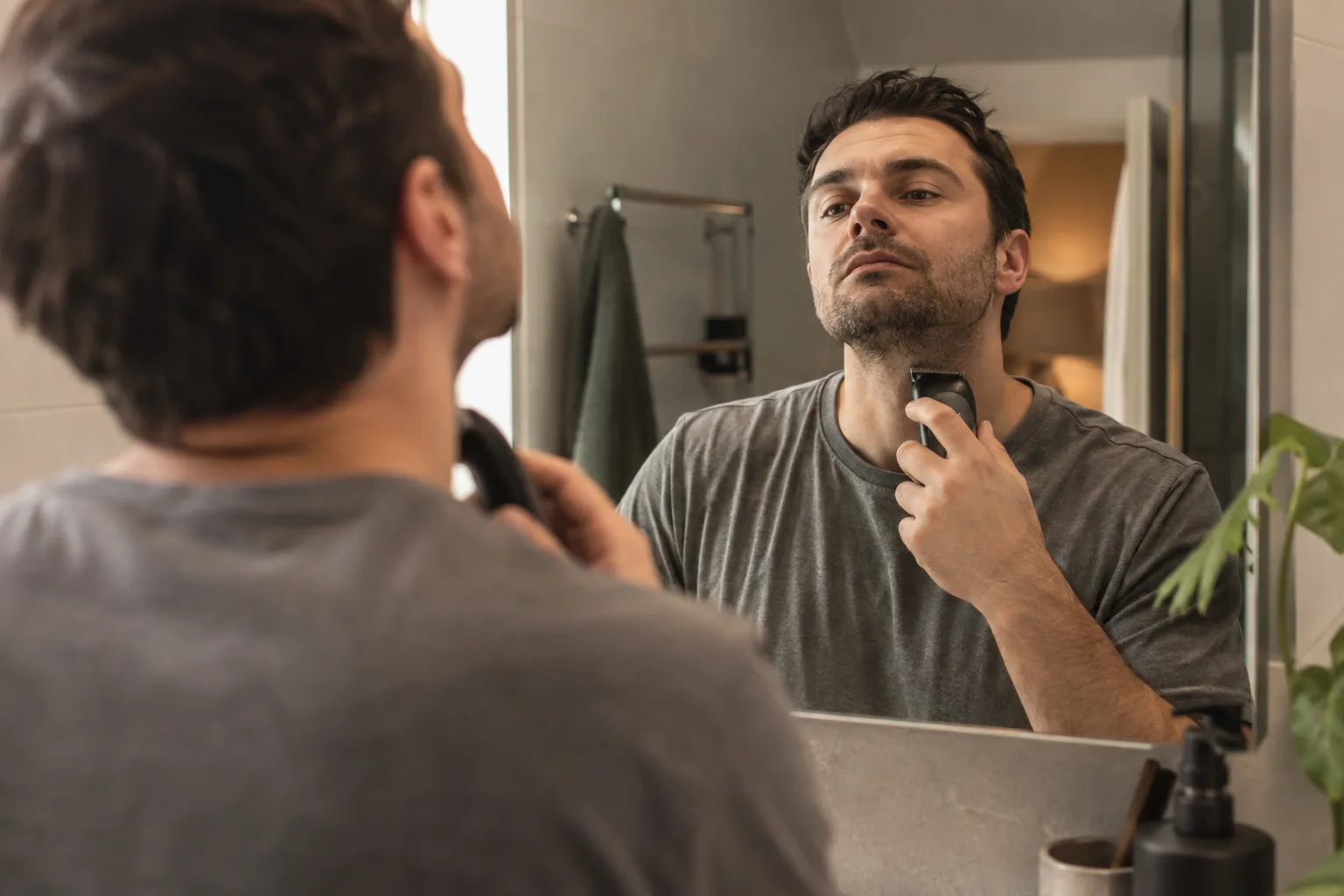Man with a 5 o’clock shadow checking his neckline in a bathroom mirror while holding a beard trimmer