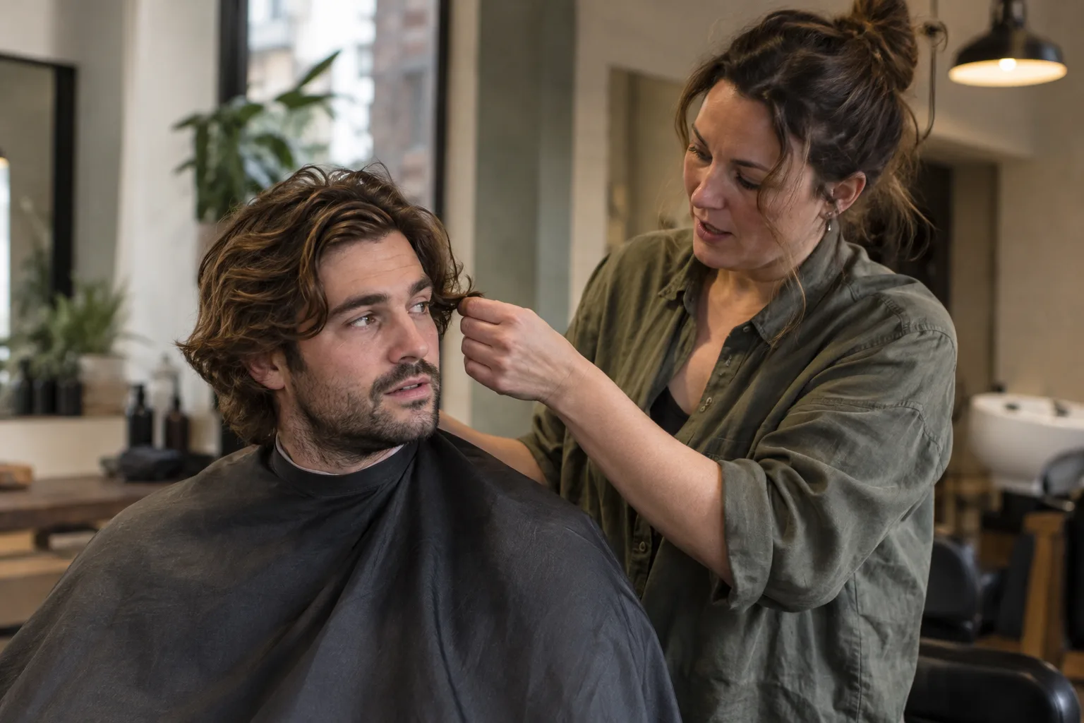 Barber checking a man's wavy, collar-length hair during a consultation on how to grow long hair in Manchester
