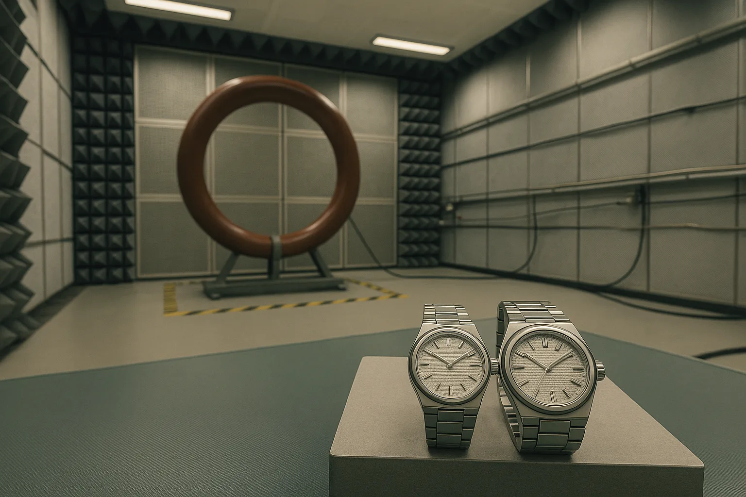 A wide view inside an electromagnetic testing room shows a large toroidal degaussing coil and warning stripes; in the foreground, two unbranded steel watches—one clearly smaller—rest on a non‑magnetic block, hinting at serious anti‑magnetic chops.