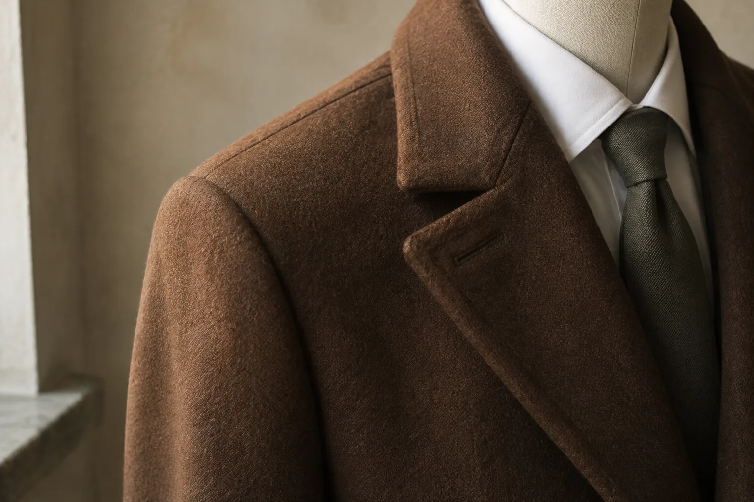 An oblique detail of a chestnut wool coat’s shoulder and lapel framing a white shirt and muted tie isolates the structured upper section that gives the Hamburg outfit its authority.