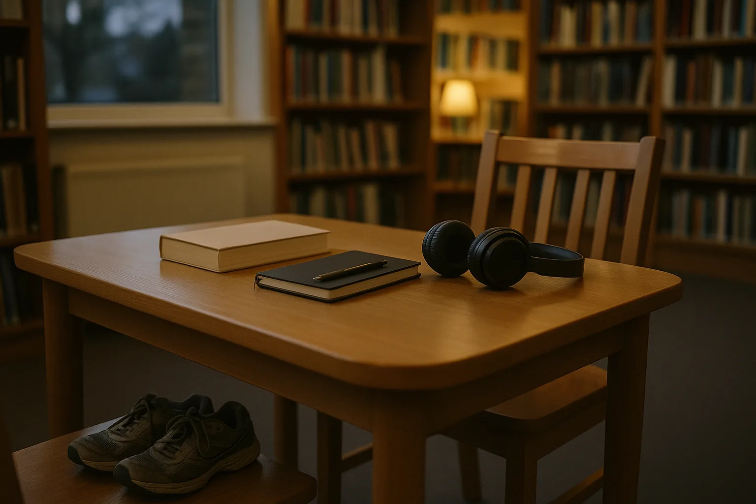 Dusk quiet at a UK public library table: a plain hardback, a closed notebook with pen, over‑ear headphones, and well‑worn running shoes tucked beneath a wooden chair suggest a life anchored by reading and new habits.