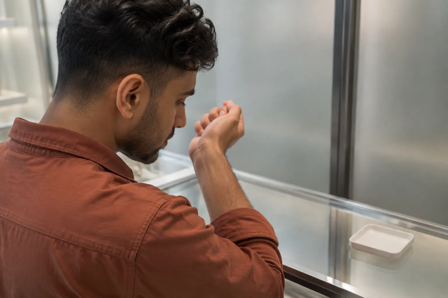 A man at a department-store fragrance counter considers a scent on his own wrist rather than choosing by its packaging.