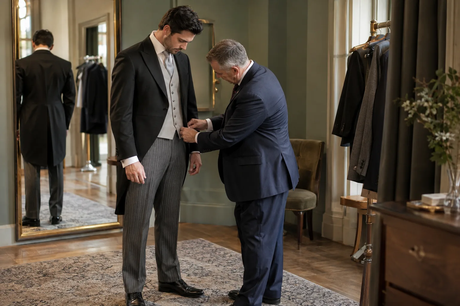 Fitter checking a man's morning dress waistcoat above striped trousers in a Leeds formalwear fitting room