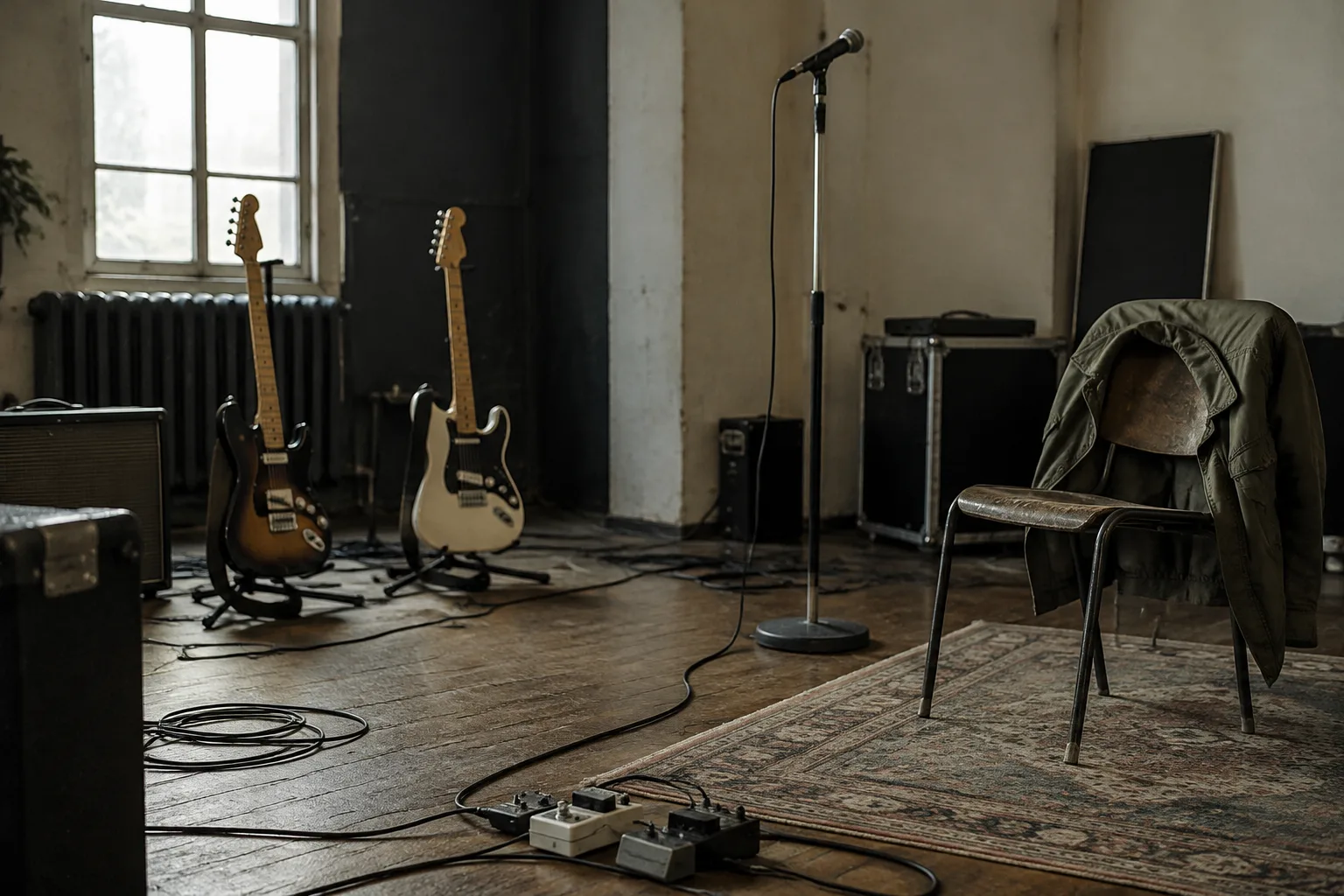 Empty rehearsal room with guitars, a microphone and an olive parka, evoking the Oasis reunion documentary.
