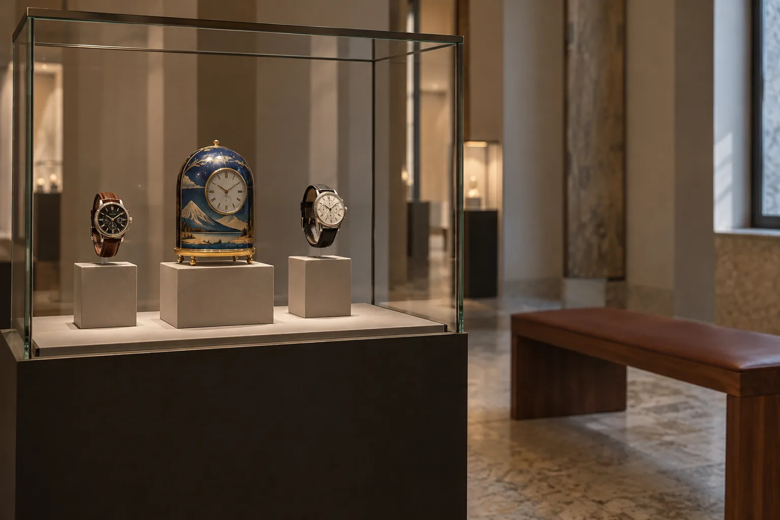 Mechanical watches and an enamelled desk clock in glass cases, reflecting the craft at Patek Philippe Watch Art