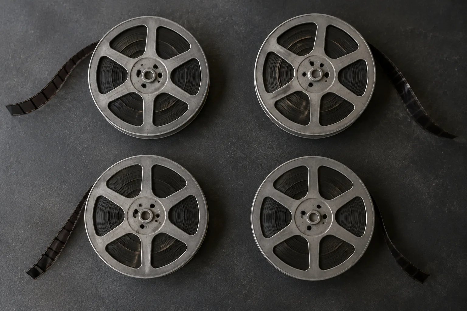 Four separate film reels occupy equally prominent positions, translating Mendes’s four-film approach into a visual statement about giving each Beatle his own story.