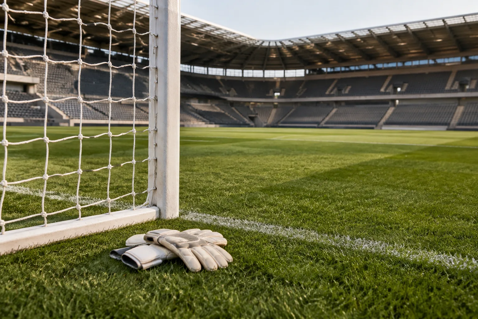 Goalkeeper gloves resting inside a goal at an empty English football ground, illustrating Premier League action
