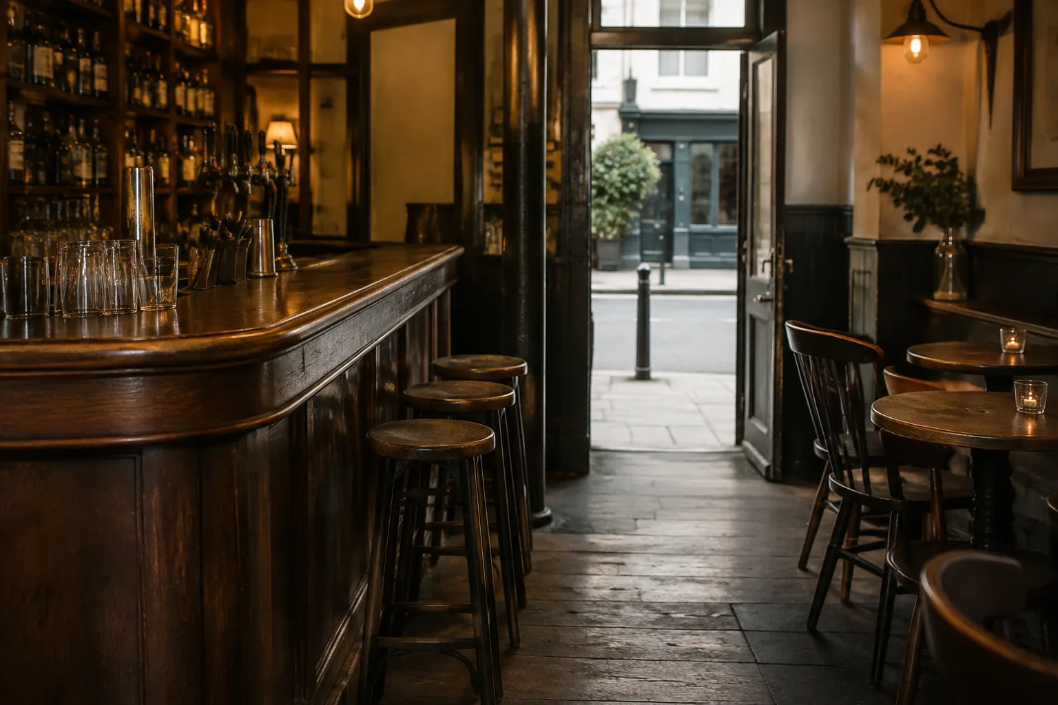 Empty pub with a standing area beside the bar and small tables, reflecting the Soho nightlife seating debate.