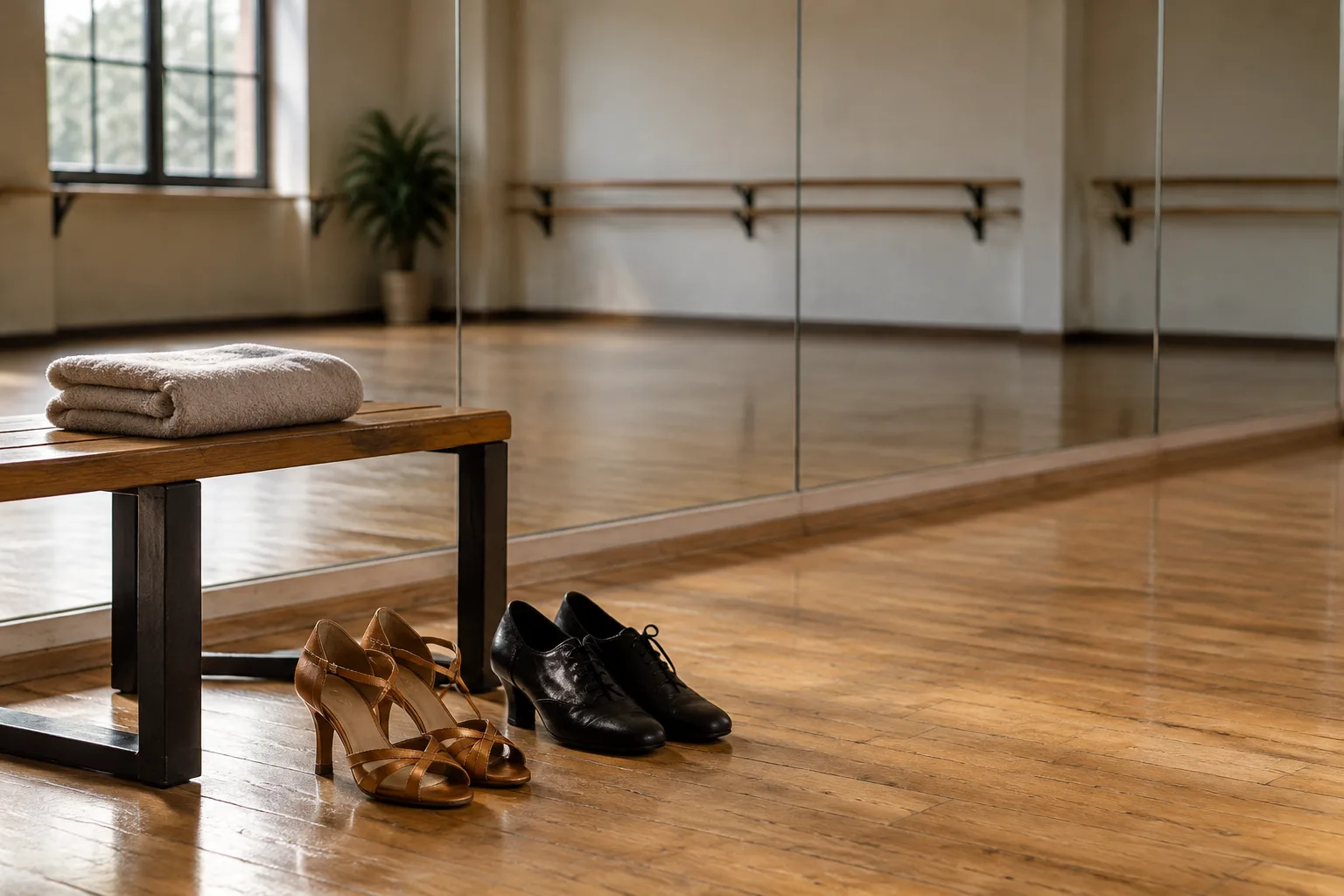 Two pairs of ballroom shoes beside a studio mirror, a rehearsal setting associated with Strictly Come Dancing.