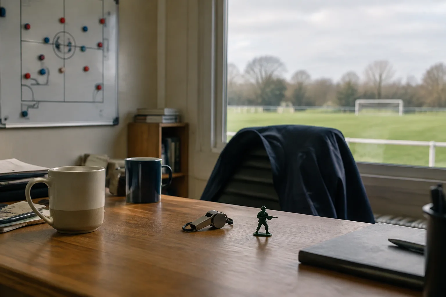 A toy soldier and whistle on a football office desk echo the Ted Lasso season 4 ending, with an empty pitch beyond.