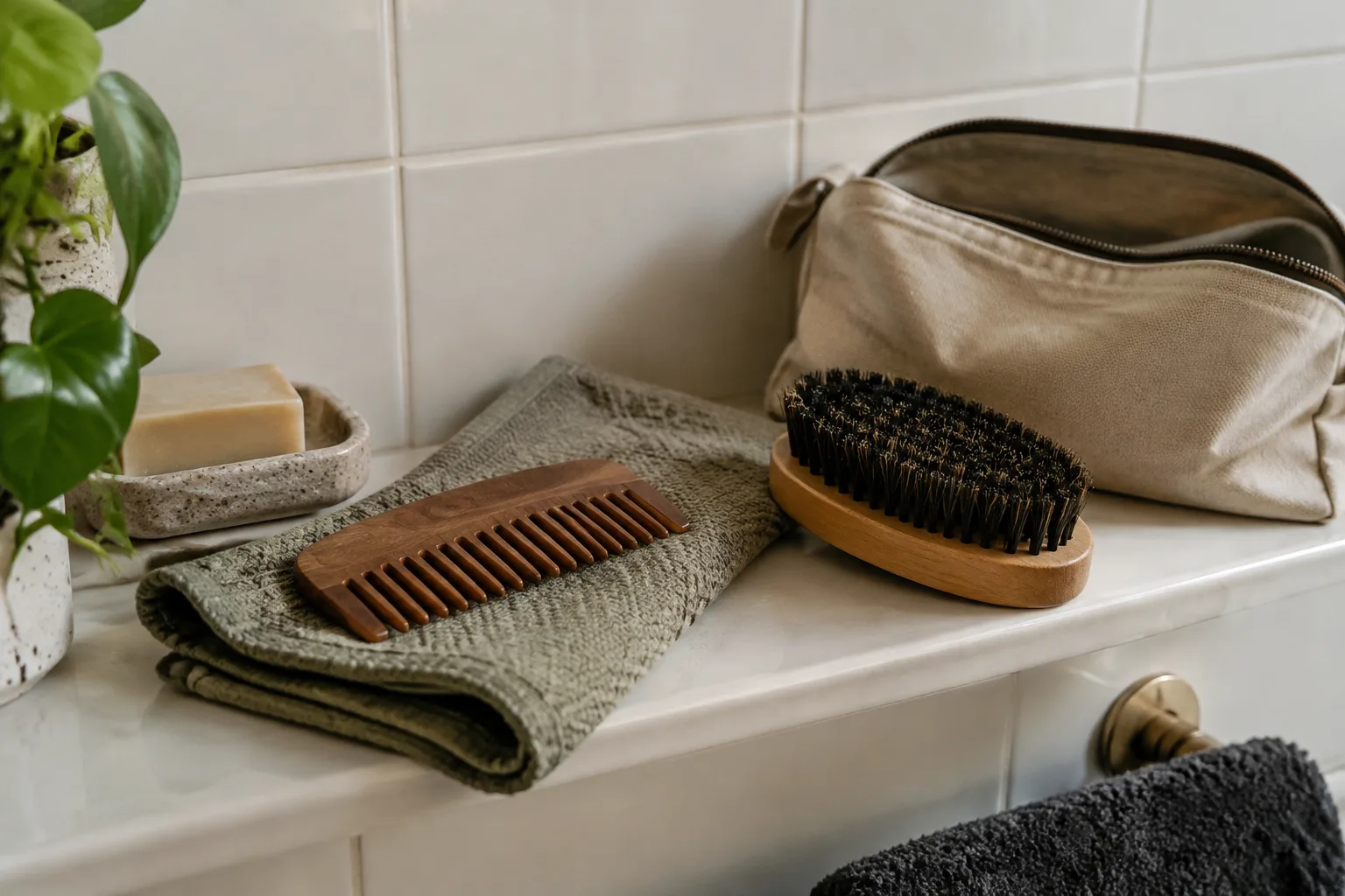 A wooden beard brush beside a wide-toothed comb and open canvas washbag on a ceramic bathroom shelf