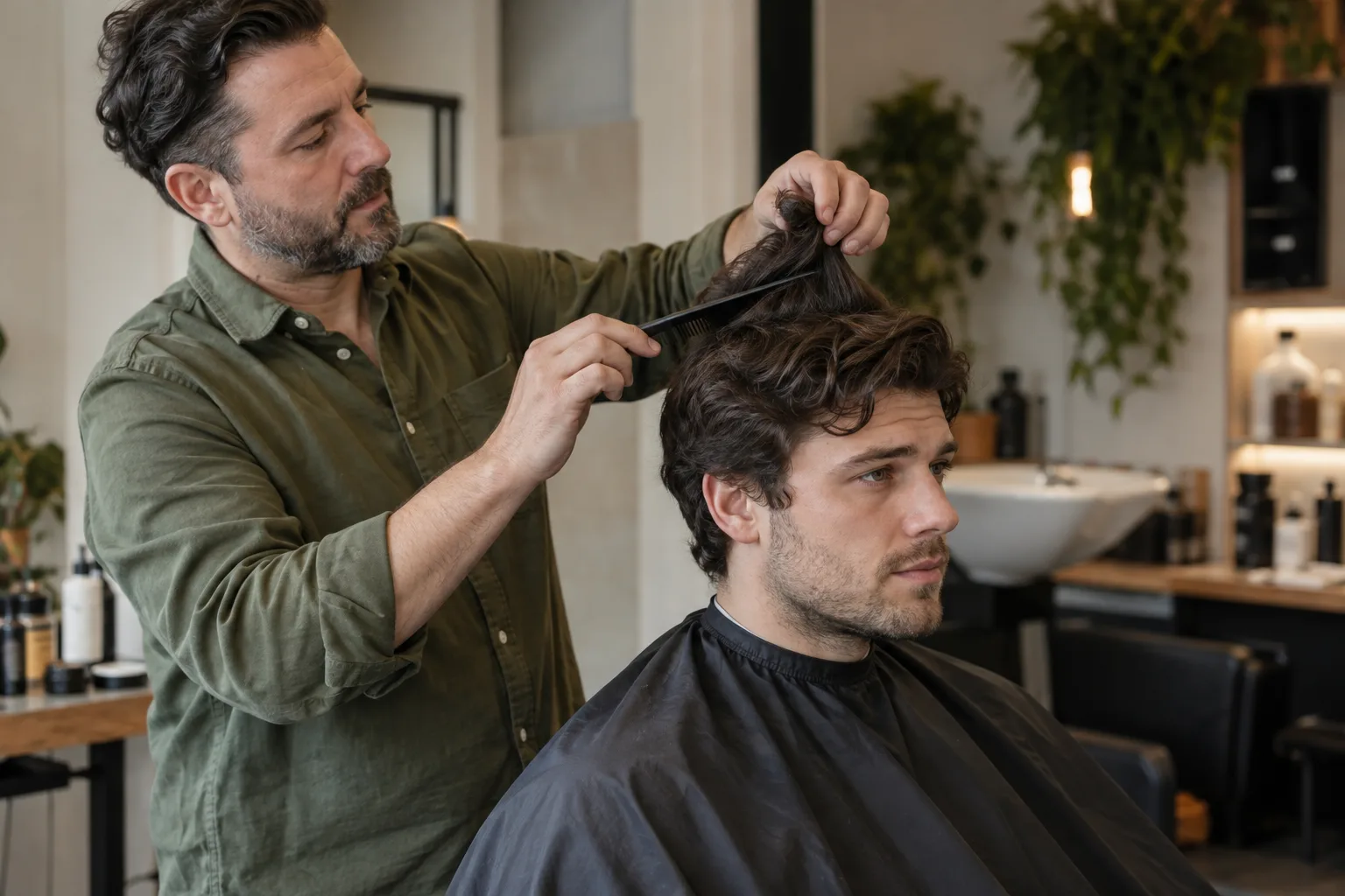 Barber assessing a man's natural waves in a Bristol shop before discussing the best haircuts for his hair type