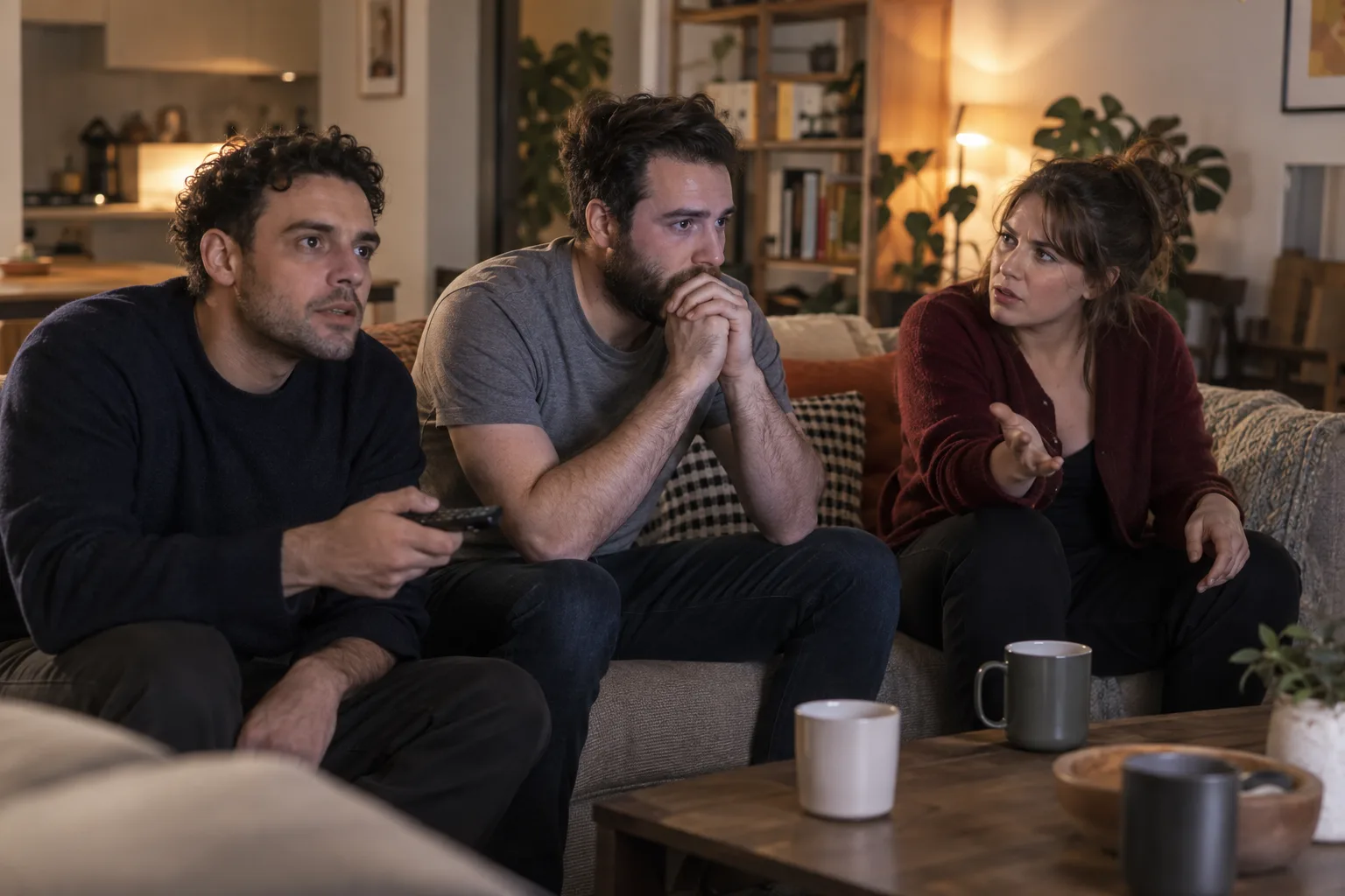 Three friends on a Manchester sofa debating The Celebrity Traitors, with mugs and a remote nearby