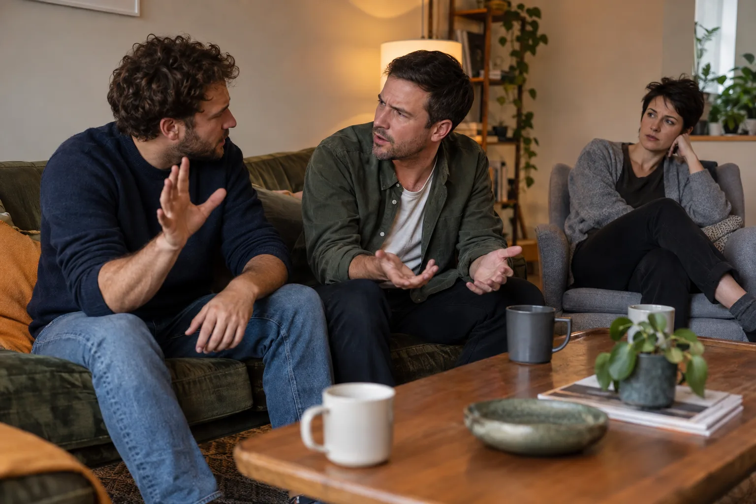 Friends watching The Celebrity Traitors in a Leeds flat, with two men turning to debate the episode.