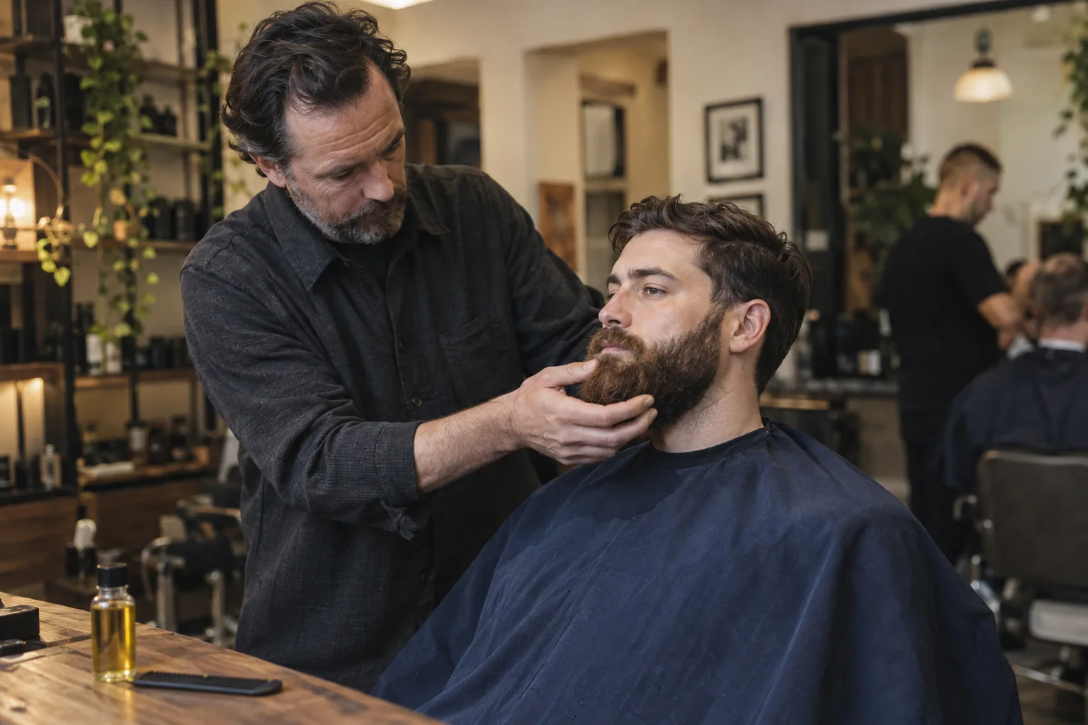 Barber working beard oil through a customer's full brown beard in a neighbourhood Manchester barbershop