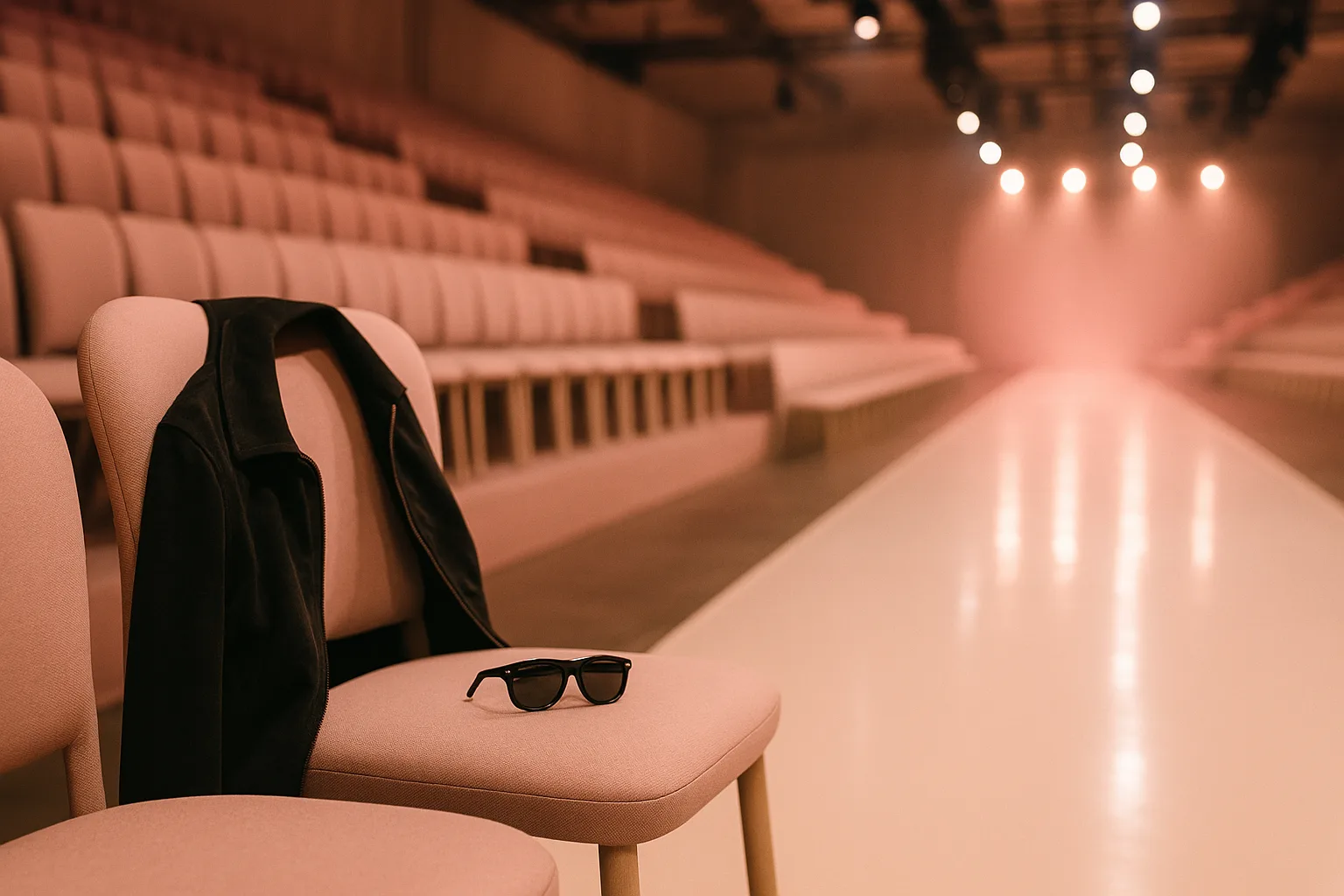 An empty fashion show front row with a black suede jacket draped over a single chair and a pair of dark sunglasses resting on the seat, facing a glowing catwalk with a soft pink wash across the tiered seating beyond.