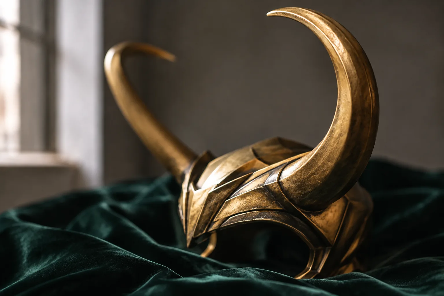 A tightly cropped study of a theatrical gold horned headpiece resting on dark green fabric evokes Loki’s return without depicting Hiddleston or pretending to show an actual production costume.