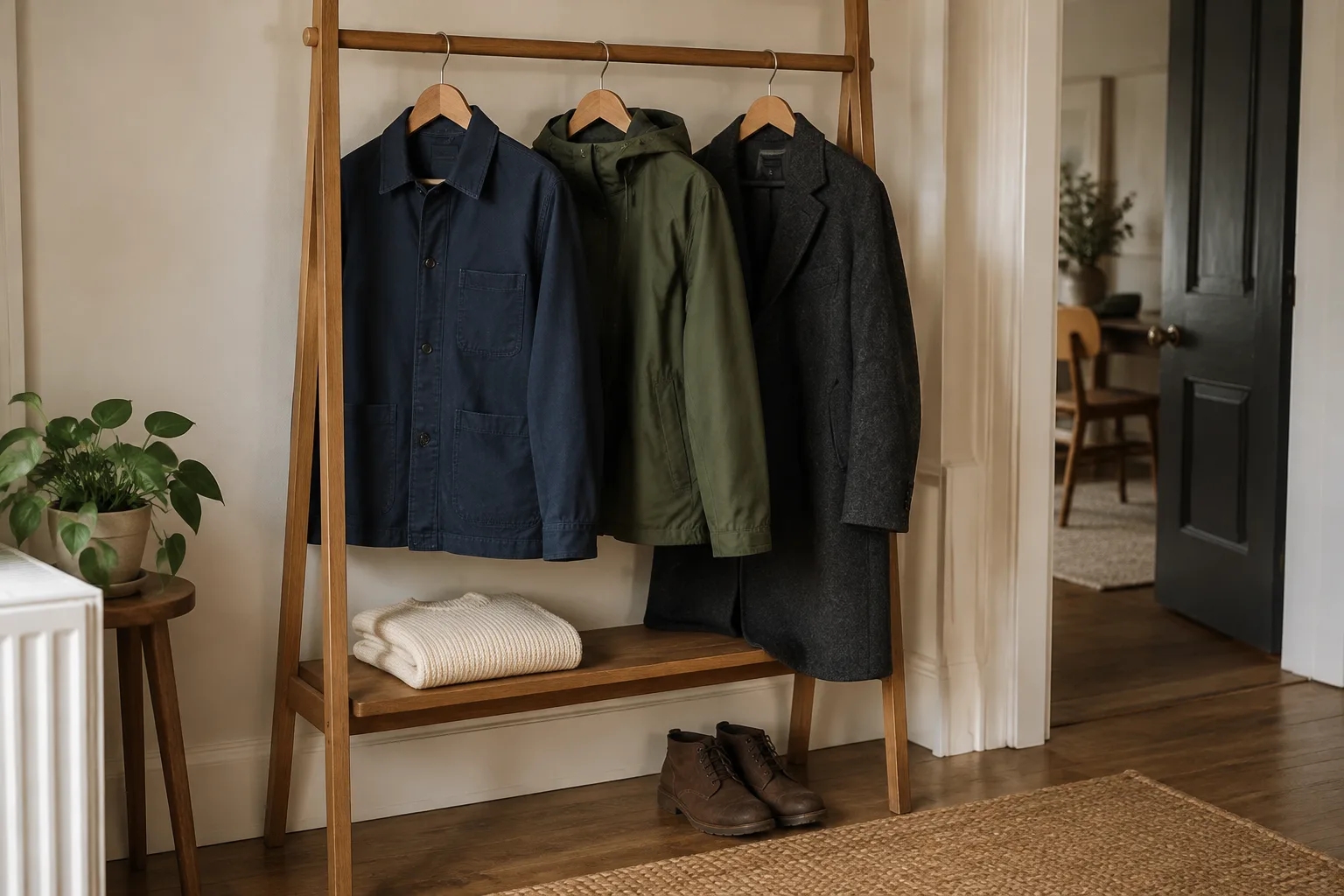 Three types of jackets for men on a hallway rail: a navy chore coat, olive rain jacket and charcoal overcoat.