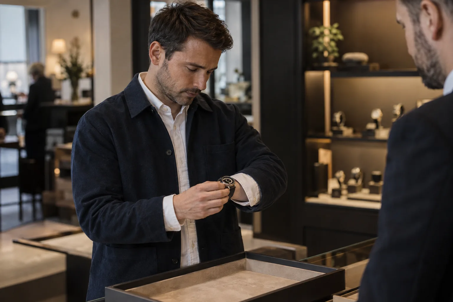 Man trying on unusual watches at a Manchester shop, checking a disc-display watch beneath his shirt cuff