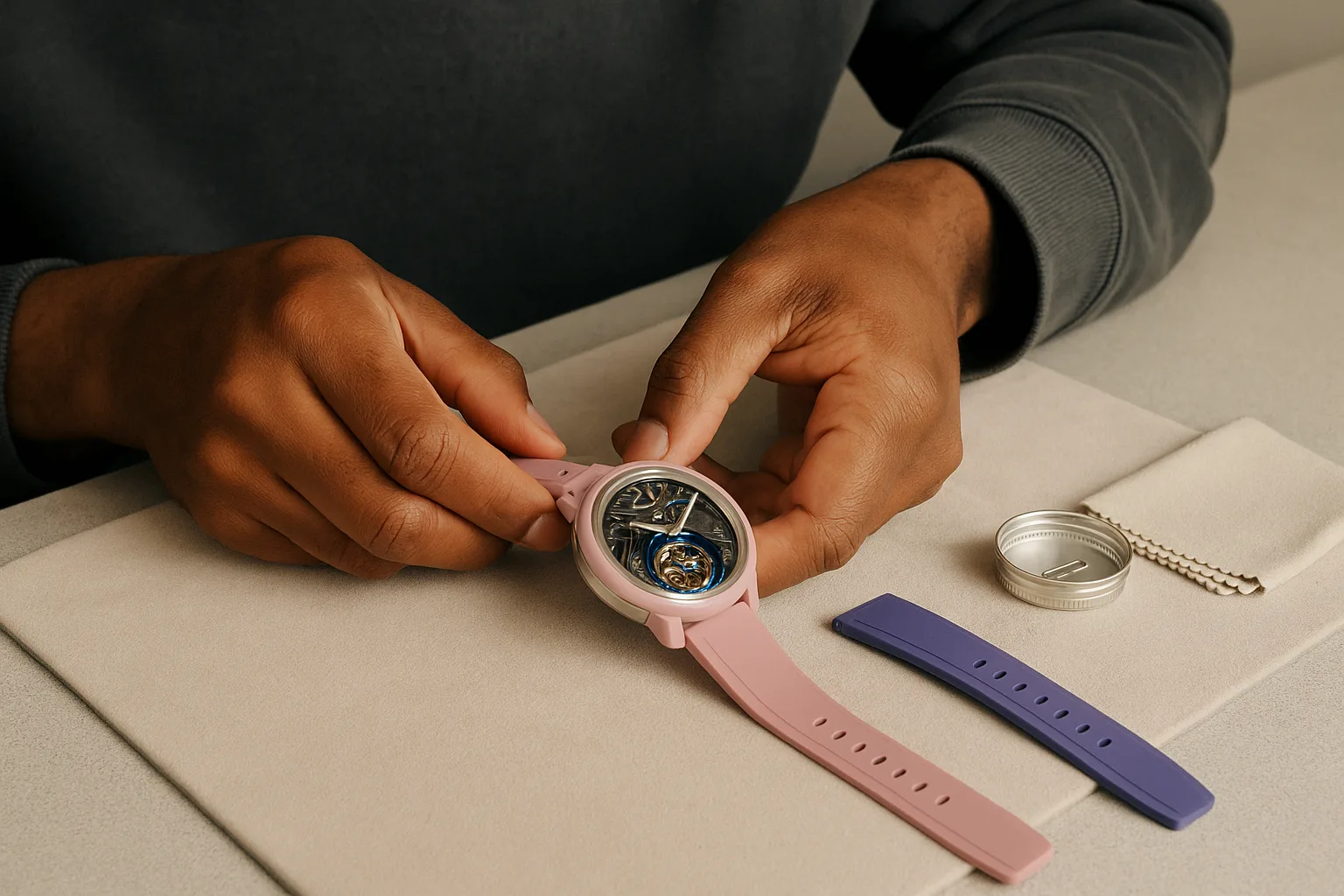 Hands swap a strap on the pink ceramic/titanium Orb, fingers pinching the quick‑release tab while a second rubber strap in a complementary colour waits beside a tidy parts tray.
