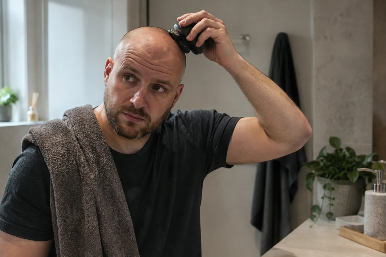Man using a rotary scalp shaver at a bathroom mirror, illustrating the Wahl Head Shaver buying guide