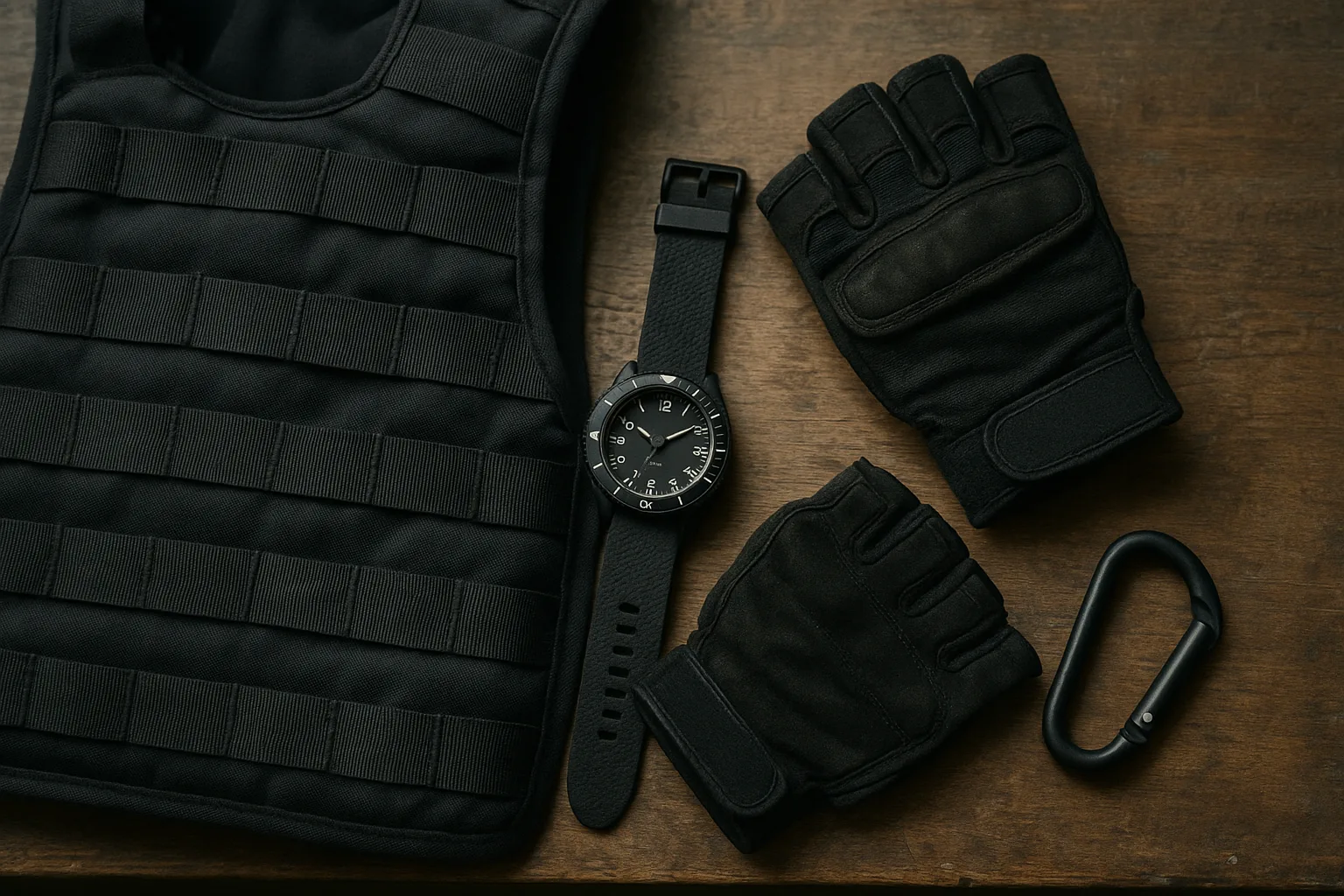 A rugged black dive watch with a left‑side crown rests face‑up on a black tactical vest beside folded fingerless gloves and a matte carabiner on a scuffed wooden bench.